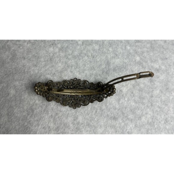 Antique Amber Tone Rhinestone Hair Barrette Jeweled Filigree Clip 4" Long - Picture 4 of 6